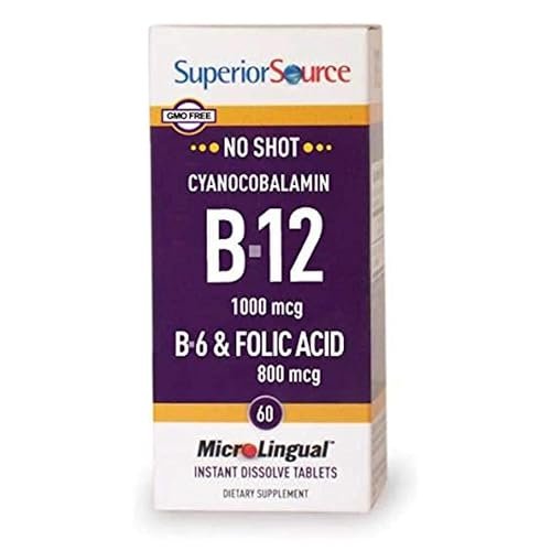 Superior Source Vitamin B-12 Cyanocobalamin 1000 mcg + B-6 + Folsäure 800 mcg – 60 sublinguale Tabletten zur Unterstützung von Herz, Gehirn und natürlicher Energie