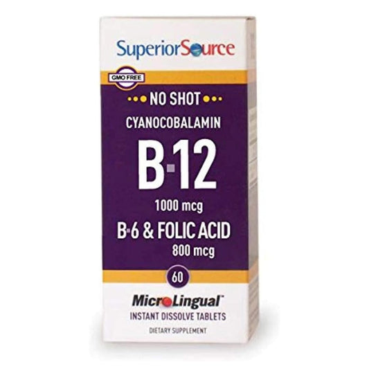 Superior Source Vitamin B-12 Cyanocobalamin 1000 mcg + B-6 + Folsäure 800 mcg – 60 sublinguale Tabletten zur Unterstützung von Herz, Gehirn und natürlicher Energie
