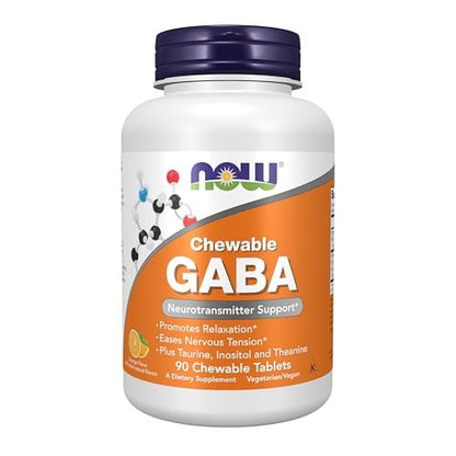 NOW Foods GABA (Gamma-Aminobutyric Acid) 90 Kautabletten – Neurotransmitter-Unterstützung mit Orangen-Geschmack