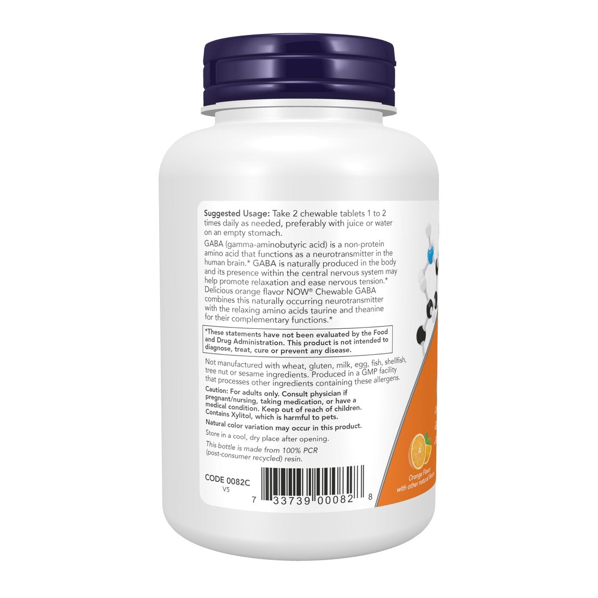 NOW Foods GABA (Gamma-Aminobutyric Acid) 90 Kautabletten – Neurotransmitter-Unterstützung mit Orangen-Geschmack
