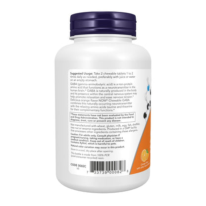 NOW Foods GABA (Gamma-Aminobutyric Acid) 90 Kautabletten – Neurotransmitter-Unterstützung mit Orangen-Geschmack