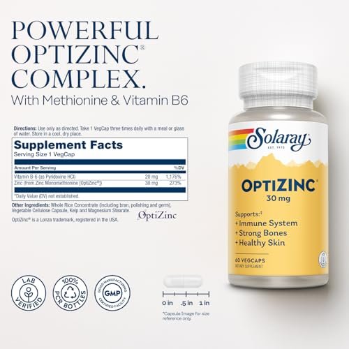 SOLARAY OptiZinc 30mg – Hochdosiertes Zink mit Vitamin B6 für Immunsystem, Knochen & Haut – 60 vegane Kapseln