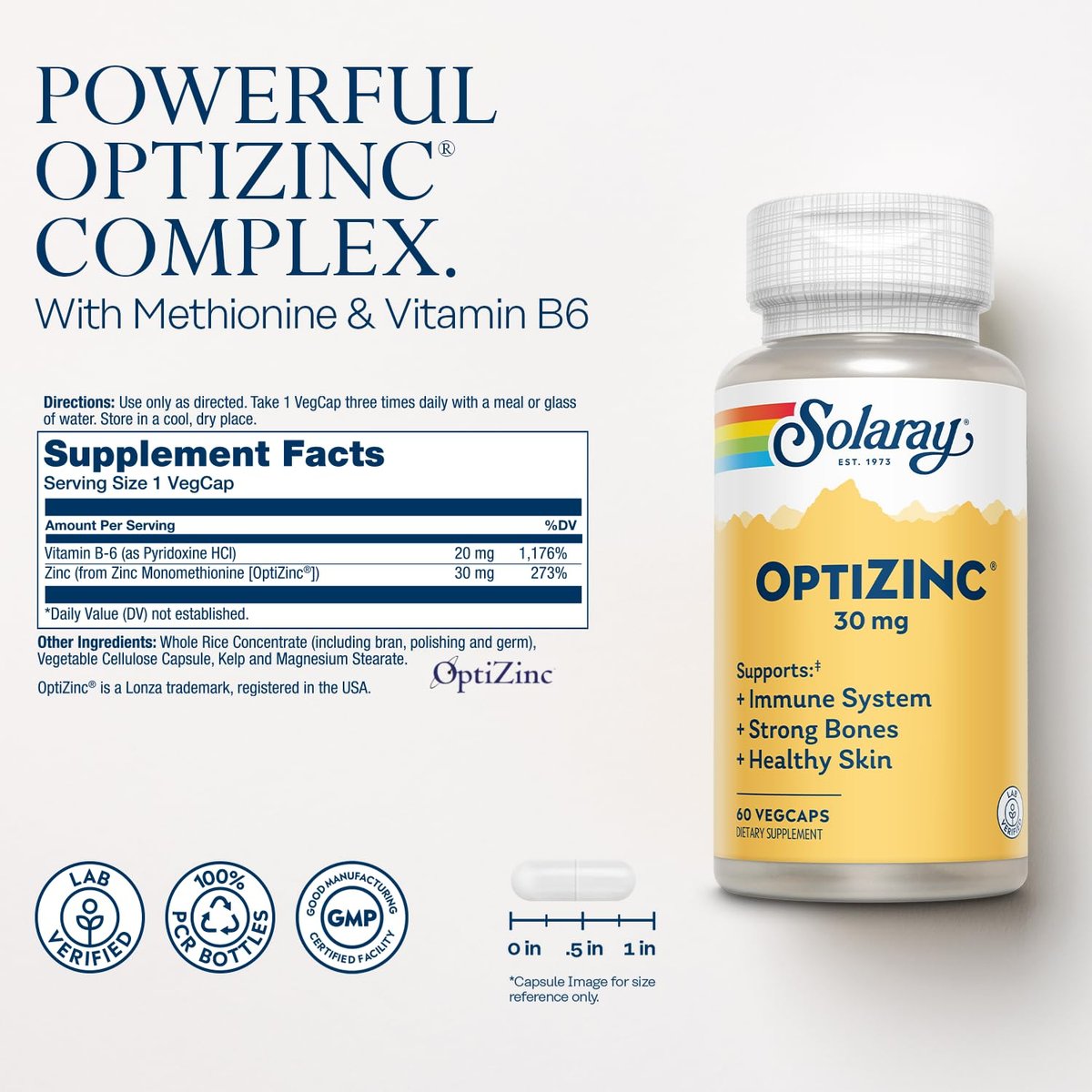 SOLARAY OptiZinc 30mg – Hochdosiertes Zink mit Vitamin B6 für Immunsystem, Knochen & Haut – 60 vegane Kapseln