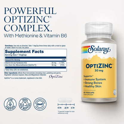SOLARAY OptiZinc 30mg – Hochdosiertes Zink mit Vitamin B6 für Immunsystem, Knochen & Haut – 60 vegane Kapseln