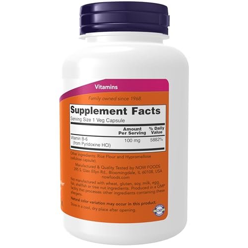 NOW Foods Vitamin B-6 (Pyridoxin HCl) 100 mg – 250 Kapseln, Herz-Kreislauf-Gesundheit