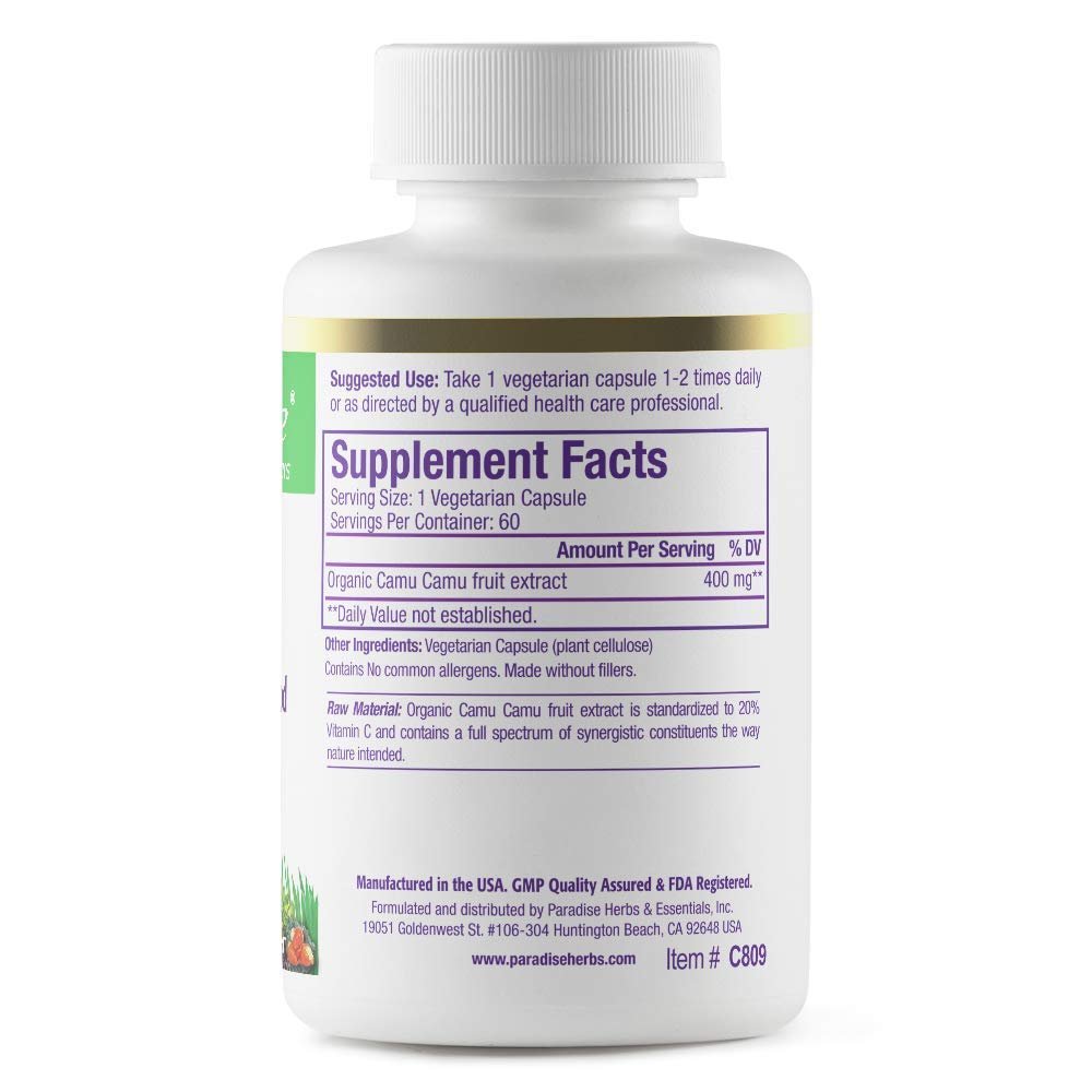 Paradise Herbs Bio Camu Camu Extrakt 400 mg – Reich an Vitamin C, rein & potent, glutenfrei, nicht-GVO, vegan, 60 Kapseln