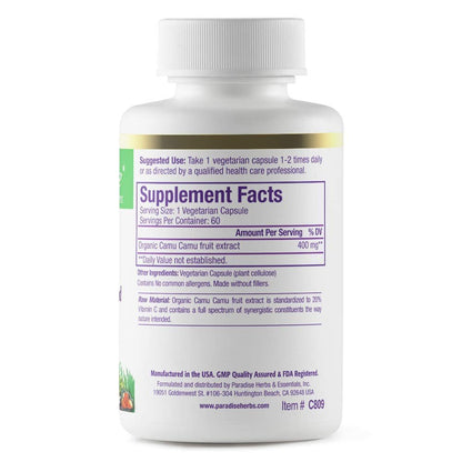 Paradise Herbs Bio Camu Camu Extrakt 400 mg – Reich an Vitamin C, rein & potent, glutenfrei, nicht-GVO, vegan, 60 Kapseln