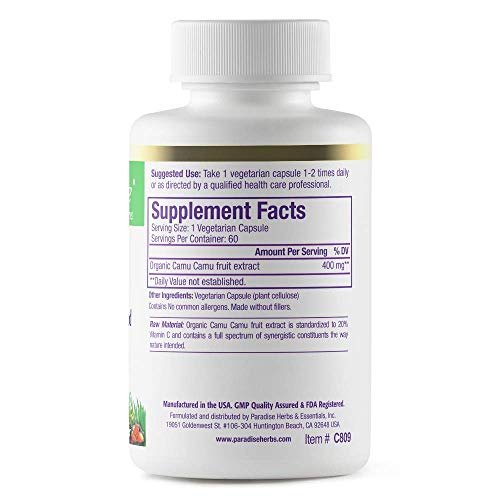 Paradise Herbs Bio Camu Camu Extrakt 400 mg – Reich an Vitamin C, rein & potent, glutenfrei, nicht-GVO, vegan, 60 Kapseln