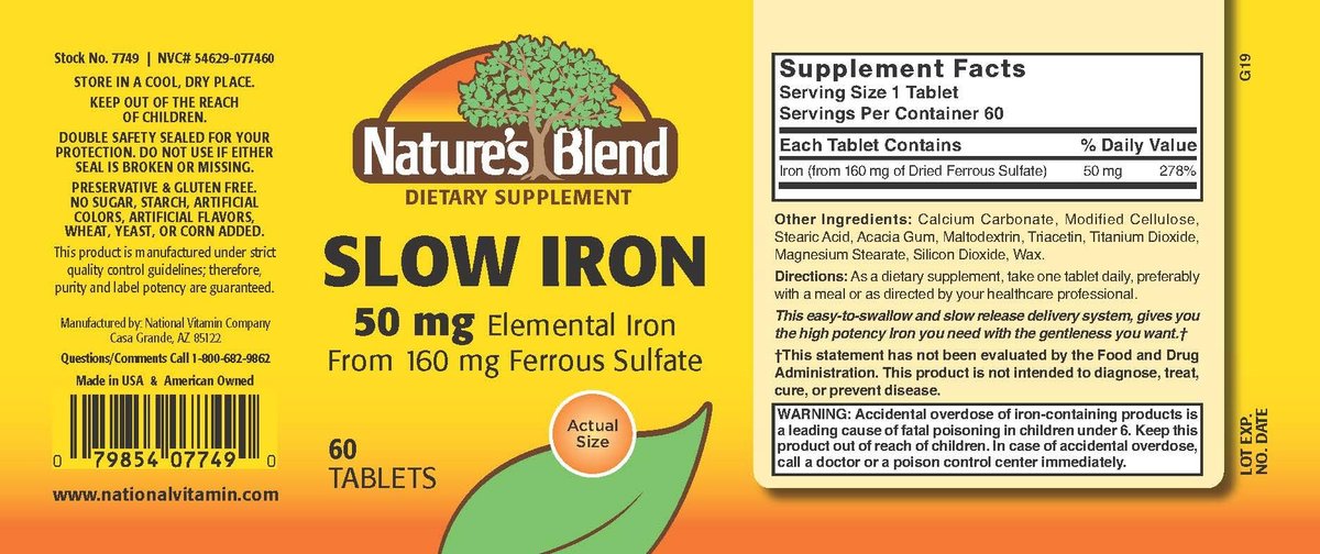 Nature's Blend Slow Iron 50 mg (160 mg) – 60 Tabletten, Vergleichbar mit Slow Fe®
