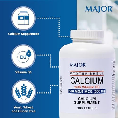 Major Austernschalen-Calcium mit Vitamin D3 500 mg / 5 mcg (200 IE) - Tägliches Calciumpräparat - 300 Tabletten (1 Packung)