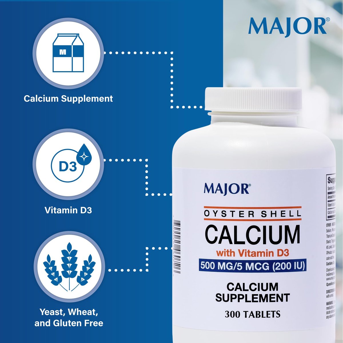 Major Austernschalen-Calcium mit Vitamin D3 500 mg / 5 mcg (200 IE) - Tägliches Calciumpräparat - 300 Tabletten (1 Packung)
