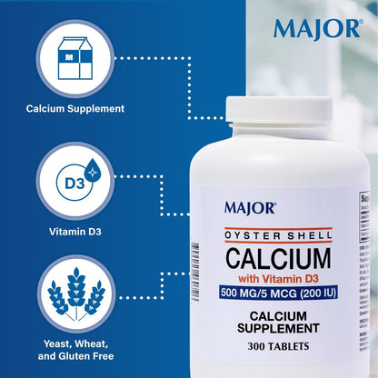 Major Austernschalen-Calcium mit Vitamin D3 500 mg / 5 mcg (200 IE) - Tägliches Calciumpräparat - 300 Tabletten (1 Packung)