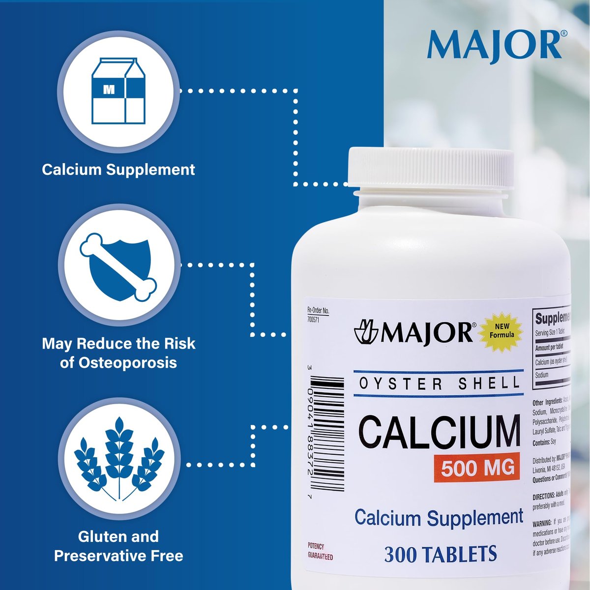 Major Austernschalen Calcium 500 mg - Tägliches Calciumpräparat - 300 Tabletten (1er-Pack)