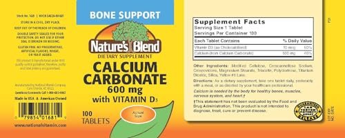 Nature's Blend Calcium Carbonat 600 mg + Vitamin D3 400 IE – 100 Tabletten, Knochenstärkend