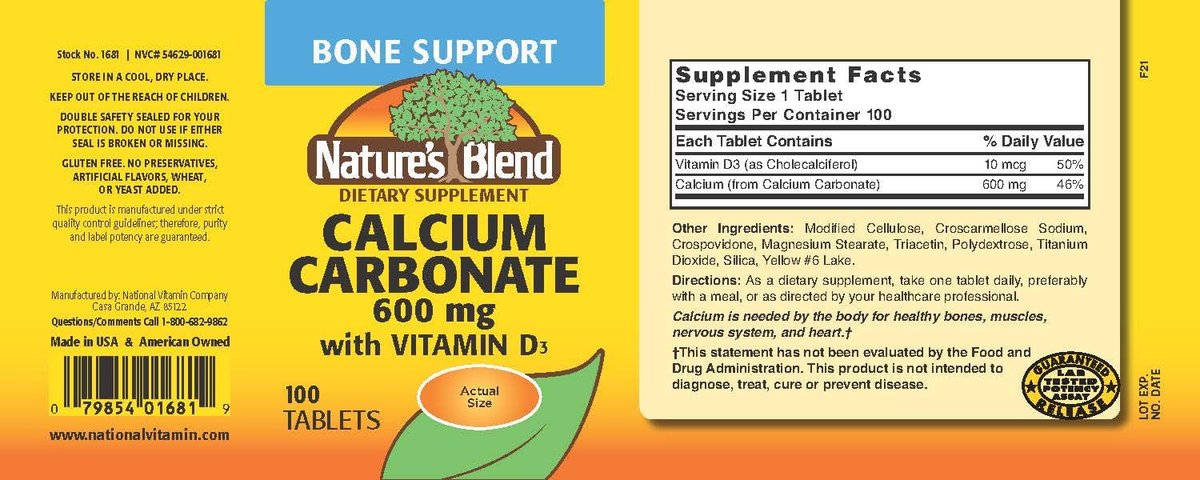 Nature's Blend Calcium Carbonat 600 mg + Vitamin D3 400 IE – 100 Tabletten, Knochenstärkend