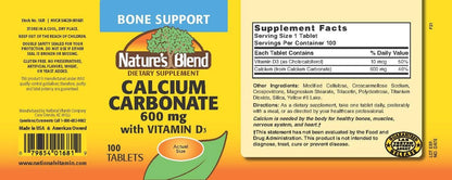 Nature's Blend Calcium Carbonat 600 mg + Vitamin D3 400 IE – 100 Tabletten, Knochenstärkend