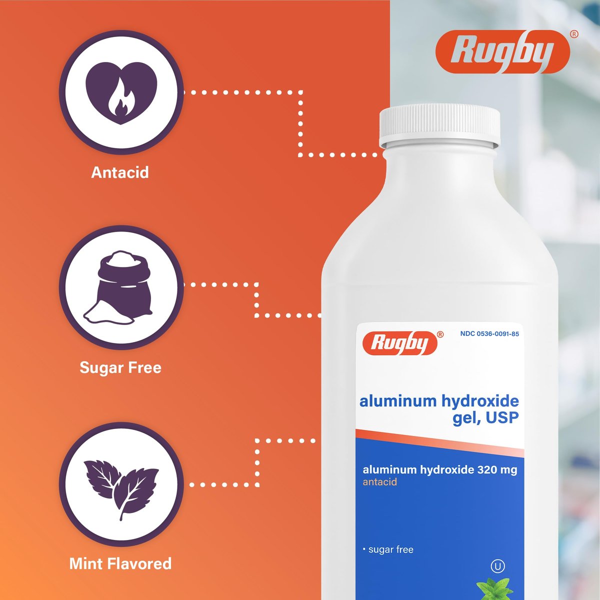 Rugby 320 mg Aluminiumhydroxid-Gel, USP - Antazidum Flüssig - Gegen Magenverstimmung, Sodbrennen und Übersäuerung - Zuckerfrei - Minzgeschmack - 473 ml (1 Packung)