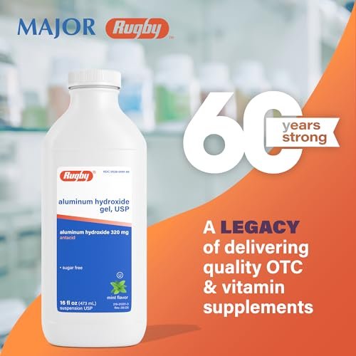 Rugby 320 mg Aluminiumhydroxid-Gel, USP - Antazidum Flüssig - Gegen Magenverstimmung, Sodbrennen und Übersäuerung - Zuckerfrei - Minzgeschmack - 473 ml (1 Packung)