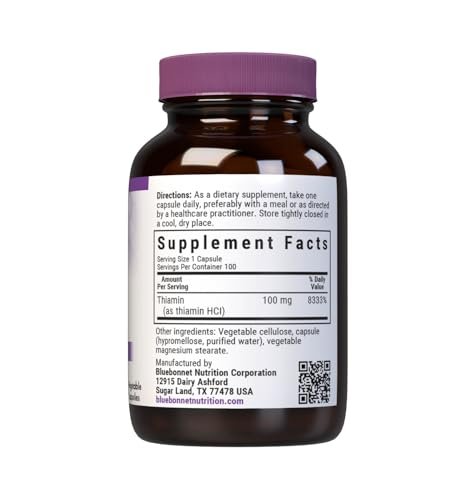 Bluebonnet Vitamin B1 100 mg – Stimmungsunterstützung & Energievitamine für Frauen & Männer* – Thiamin HCl – Nicht-GVO, Vegan, Koscher, Glutenfrei – Soja- & Milchfrei – 100 pflanzliche Kapseln, 100-Tage-Vorrat