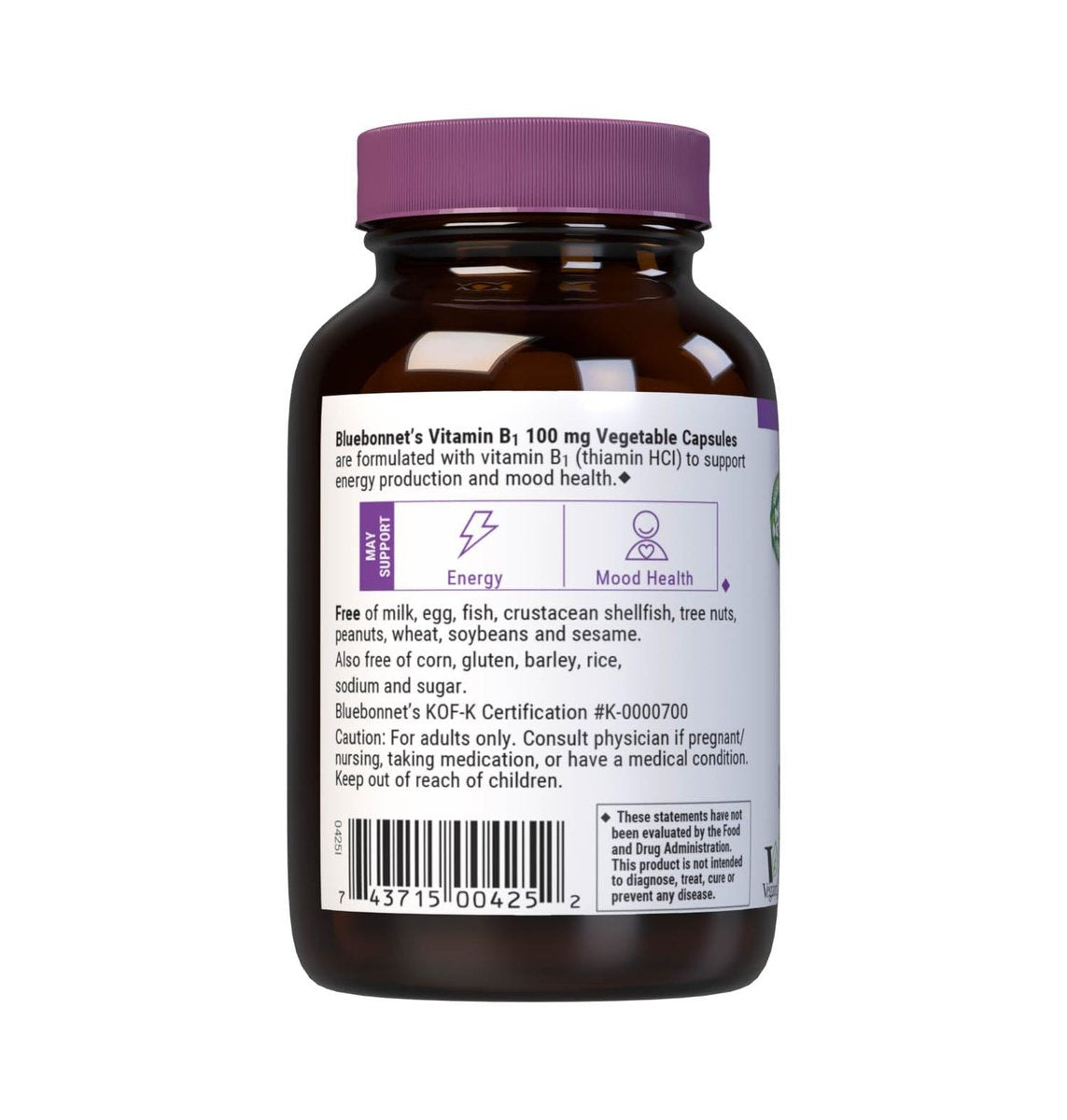 Bluebonnet Vitamin B1 100 mg – Stimmungsunterstützung & Energievitamine für Frauen & Männer* – Thiamin HCl – Nicht-GVO, Vegan, Koscher, Glutenfrei – Soja- & Milchfrei – 100 pflanzliche Kapseln, 100-Tage-Vorrat