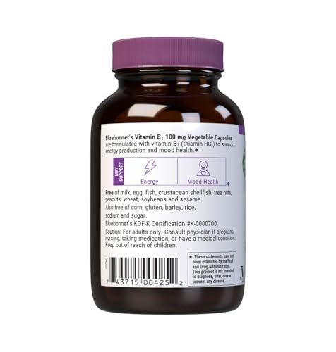 Bluebonnet Vitamin B1 100 mg – Stimmungsunterstützung & Energievitamine für Frauen & Männer* – Thiamin HCl – Nicht-GVO, Vegan, Koscher, Glutenfrei – Soja- & Milchfrei – 100 pflanzliche Kapseln, 100-Tage-Vorrat