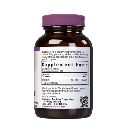 Bluebonnet Vitamin B1 100 mg – Stimmungsunterstützung & Energievitamine für Frauen & Männer* – Thiamin HCl – Nicht-GVO, Vegan, Koscher, Glutenfrei – Soja- & Milchfrei – 100 pflanzliche Kapseln, 100-Tage-Vorrat