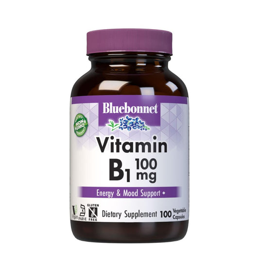 Bluebonnet Vitamin B1 100 mg – Stimmungsunterstützung & Energievitamine für Frauen & Männer* – Thiamin HCl – Nicht-GVO, Vegan, Koscher, Glutenfrei – Soja- & Milchfrei – 100 pflanzliche Kapseln, 100-Tage-Vorrat