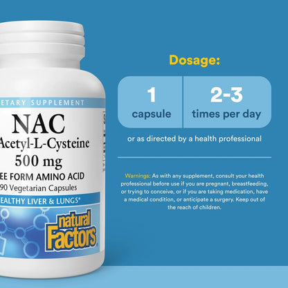Natural Factors N-Acetyl-L-Cystein 500 mg – Unterstützt gesunde Leber & Lunge, Antioxidans & Immunsystem – 90 vegane Kapseln