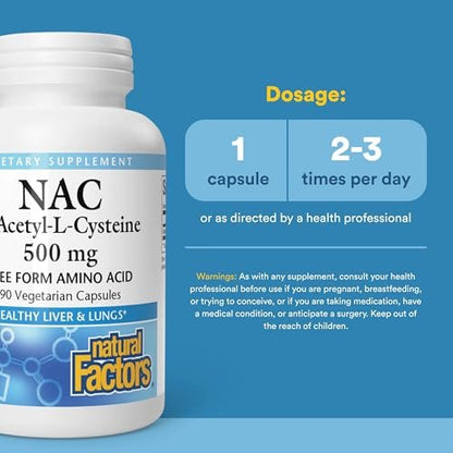 Natural Factors N-Acetyl-L-Cystein 500 mg – Unterstützt gesunde Leber & Lunge, Antioxidans & Immunsystem – 90 vegane Kapseln