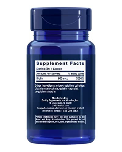 Life Extension Biotin 600 mcg – Vitamin B7 für schönes Haar, Nägel und mehr – 100 Kapseln, glutenfrei, nicht-GVO