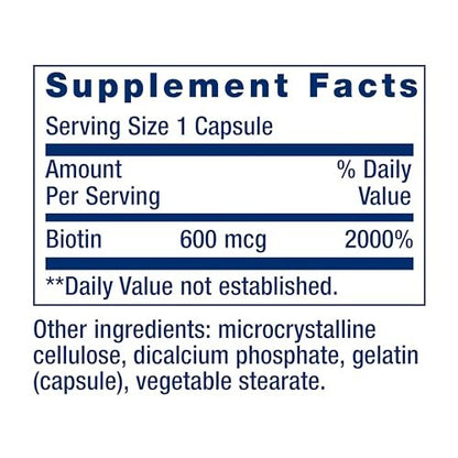 Life Extension Biotin 600 mcg – Vitamin B7 für schönes Haar, Nägel und mehr – 100 Kapseln, glutenfrei, nicht-GVO