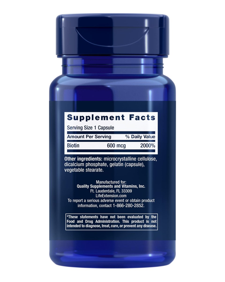 Life Extension Biotin 600 mcg – Vitamin B7 für schönes Haar, Nägel und mehr – 100 Kapseln, glutenfrei, nicht-GVO