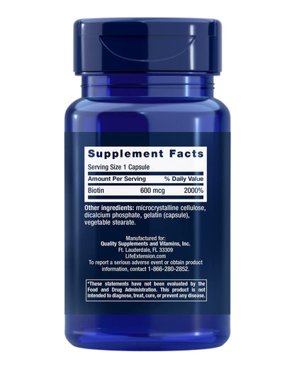 Life Extension Biotin 600 mcg – Vitamin B7 für schönes Haar, Nägel und mehr – 100 Kapseln, glutenfrei, nicht-GVO