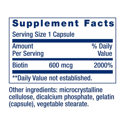 Life Extension Biotin 600 mcg – Vitamin B7 für schönes Haar, Nägel und mehr – 100 Kapseln, glutenfrei, nicht-GVO