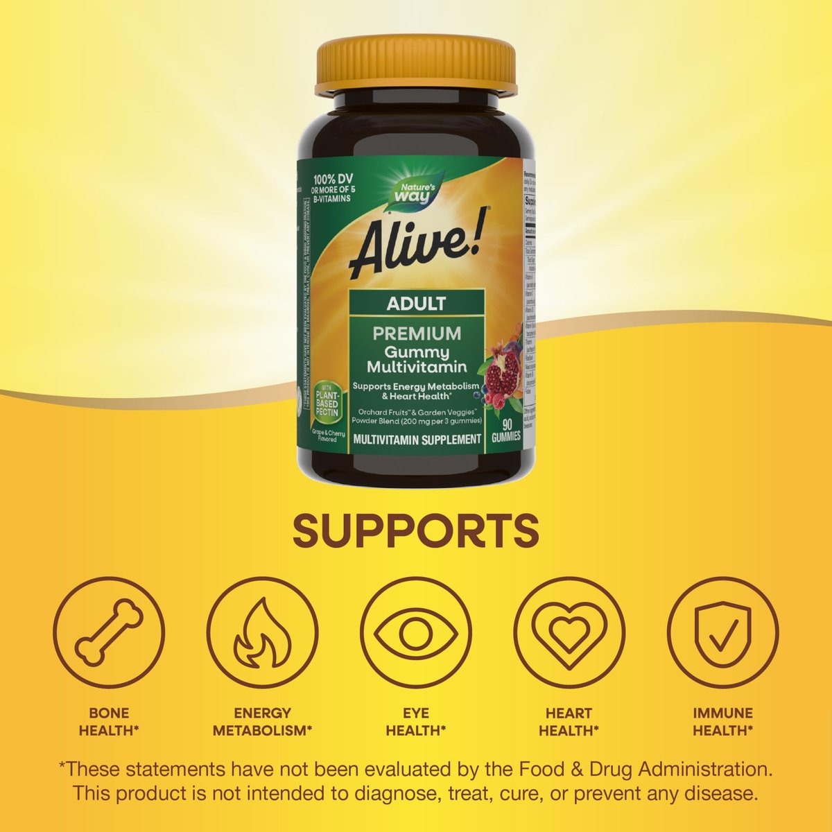 Nature's Way Alive! Erwachsene Premium Multivitamin Gummis, voller B-Vitamin-Komplex, unterstützt den Energiestoffwechsel und die Herzgesundheit*, Trauben- und Kirschgeschmack, 90 Gummis (Verpackung kann variieren)
