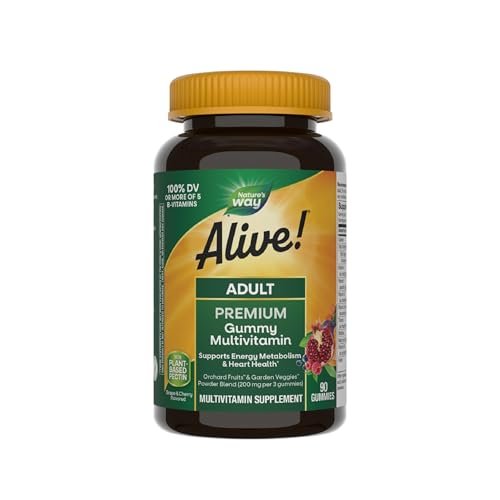 Nature's Way Alive! Erwachsene Premium Multivitamin Gummis, voller B-Vitamin-Komplex, unterstützt den Energiestoffwechsel und die Herzgesundheit*, Trauben- und Kirschgeschmack, 90 Gummis (Verpackung kann variieren)