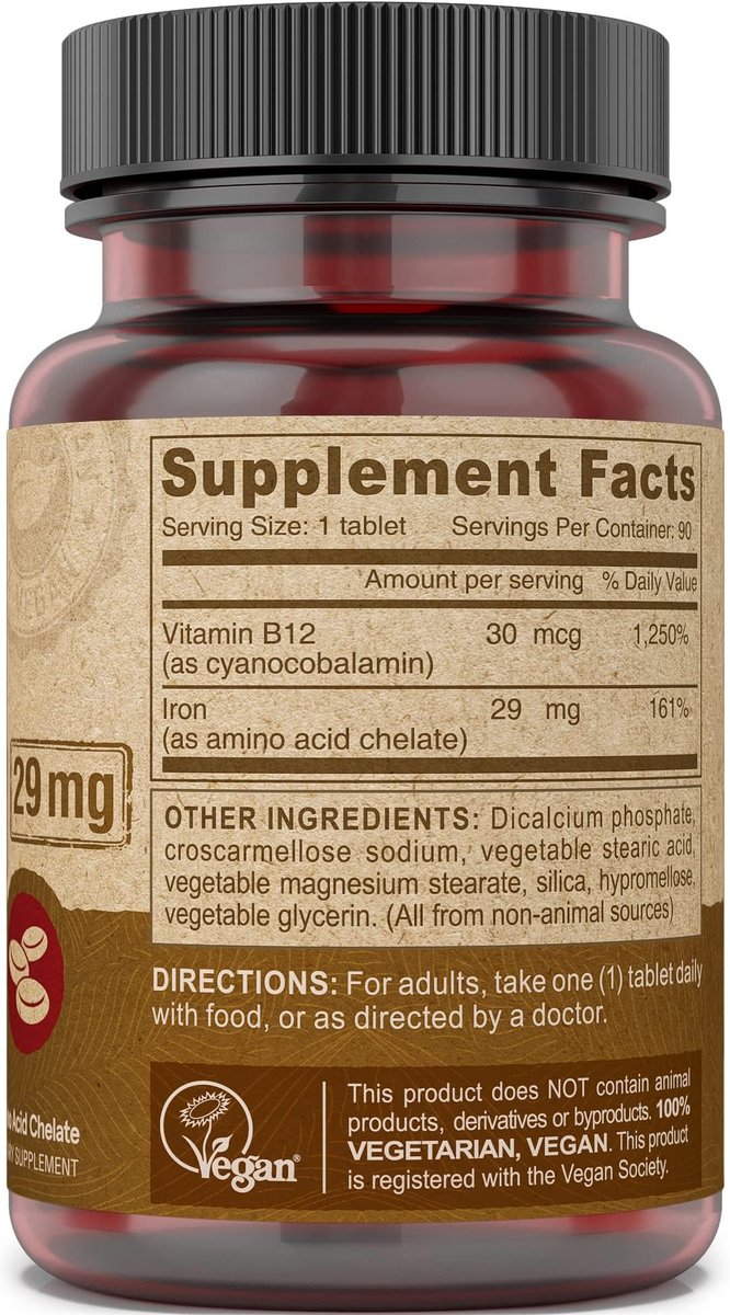 DEVA Nutrition Veganes Chelat-Eisen 29 mg mit B-12 – Hochdosiert, leicht zu schlucken – 90 Tabletten, 2er-Pack