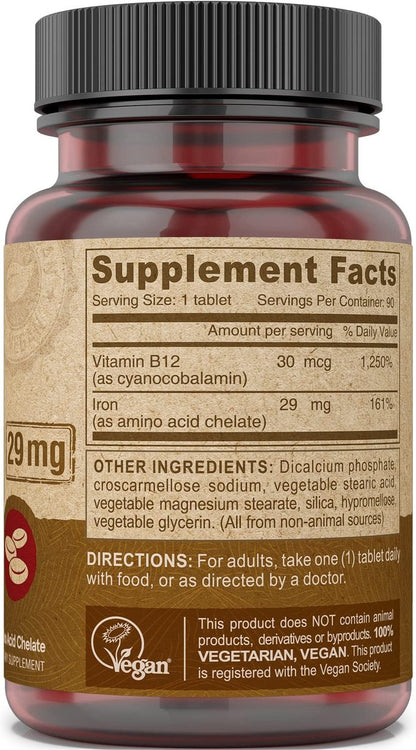 DEVA Nutrition Veganes Chelat-Eisen 29 mg mit B-12 – Hochdosiert, leicht zu schlucken – 90 Tabletten, 2er-Pack