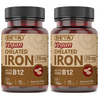 DEVA Nutrition Veganes Chelat-Eisen 29 mg mit B-12 – Hochdosiert, leicht zu schlucken – 90 Tabletten, 2er-Pack