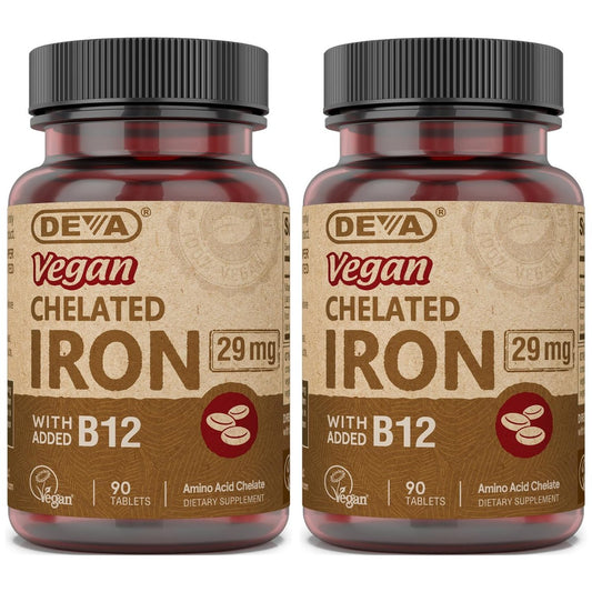 DEVA Nutrition Veganes Chelat-Eisen 29 mg mit B-12 – Hochdosiert, leicht zu schlucken – 90 Tabletten, 2er-Pack