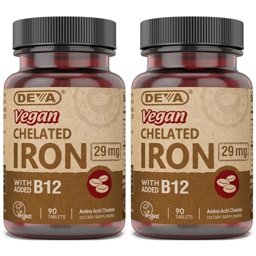 DEVA Nutrition Veganes Chelat-Eisen 29 mg mit B-12 – Hochdosiert, leicht zu schlucken – 90 Tabletten, 2er-Pack