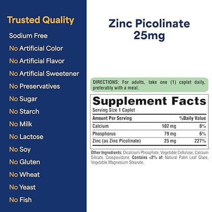 Puritan's Pride Zinkpicolinat 25 mg mit Calcium und Phosphor – Vegetarisches Nahrungsergänzungsmittel für Immunsystem, Energiestoffwechsel, Zellteilung und Wachstum, 100 Tabletten