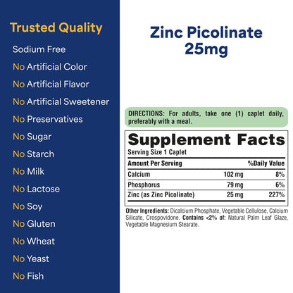 Puritan's Pride Zinkpicolinat 25 mg mit Calcium und Phosphor – Vegetarisches Nahrungsergänzungsmittel für Immunsystem, Energiestoffwechsel, Zellteilung und Wachstum, 100 Tabletten