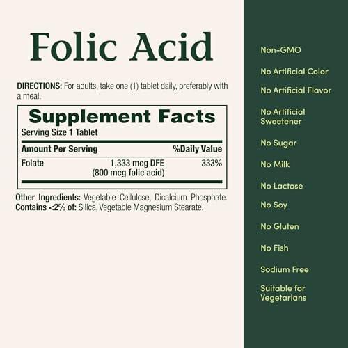 Nature's Bounty Folsäure 800 mcg – 250 Tabletten für die Herz-Kreislauf-Gesundheit