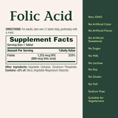 Nature's Bounty Folsäure 800 mcg – 250 Tabletten für die Herz-Kreislauf-Gesundheit