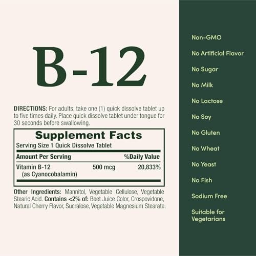 Nature's Bounty Vitamin B-12 500 µg, 100 Tabletten – Unterstützt Energie & Nervensystem