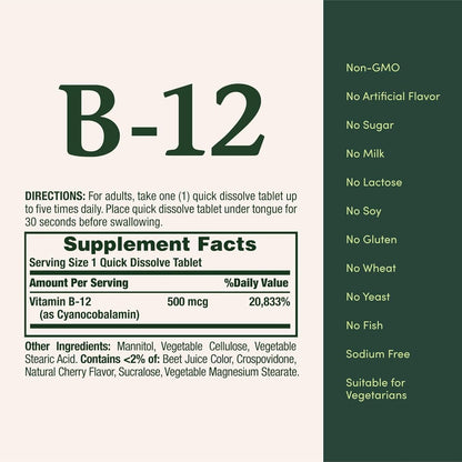 Nature's Bounty Vitamin B-12 500 µg, 100 Tabletten – Unterstützt Energie & Nervensystem