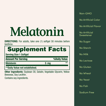 Nature's Bounty Melatonin 5 mg, 90 Softgels – 100% Arzneimittelfreies Schlafmittel, Nahrungsergänzungsmittel zur Förderung von Entspannung und gesundem Schlaf