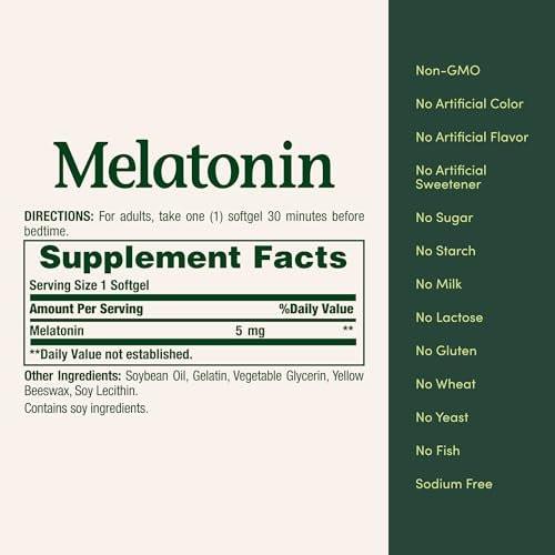 Nature's Bounty Melatonin 5 mg, 90 Softgels – 100% Arzneimittelfreies Schlafmittel, Nahrungsergänzungsmittel zur Förderung von Entspannung und gesundem Schlaf