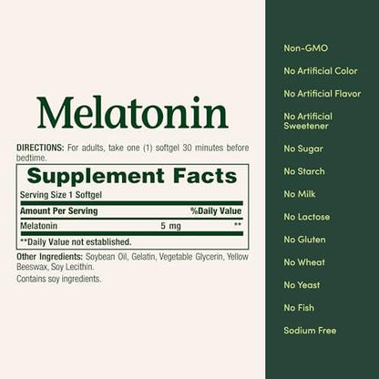 Nature's Bounty Melatonin 5 mg, 90 Softgels – 100% Arzneimittelfreies Schlafmittel, Nahrungsergänzungsmittel zur Förderung von Entspannung und gesundem Schlaf